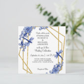ネイビー シノワズリー ドラゴンフライ チャイナ フローラル ウォーターカラー 招待状 (スタンド正面)