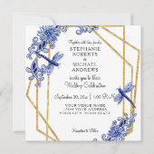 ネイビー シノワズリー ドラゴンフライ チャイナ フローラル ウォーターカラー 招待状 (正面)