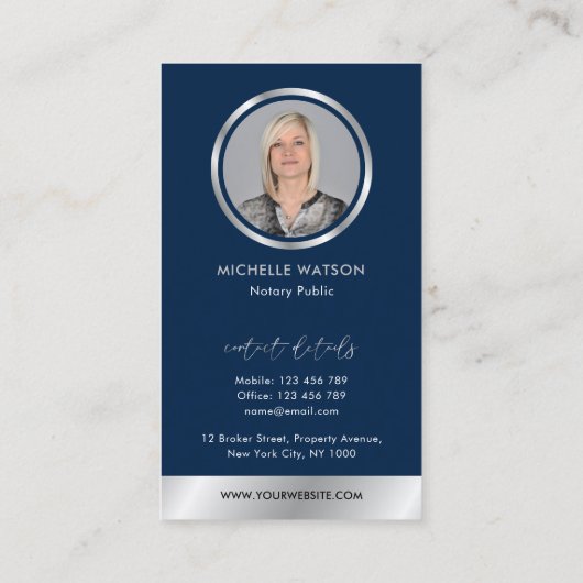 ネイビー&シルバーのロゴ公証人の販売代理店の写真 名刺 (裏面)