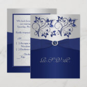 ネイビー、シルバーの花柄の返信カード（印刷リボン） 出欠カード (正面/裏面)