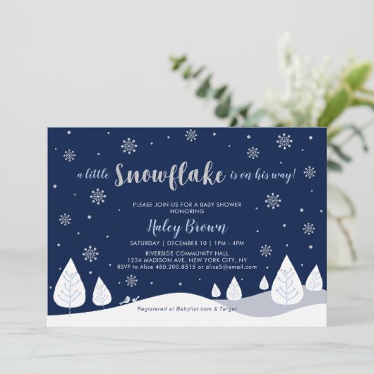 ネイビー&シルバーウィンターワンダーランドボーイ赤ちゃんシャワー 招待状 (スタンド正面)