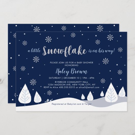 ネイビー&シルバーウィンターワンダーランドボーイ赤ちゃんシャワー 招待状 (正面/裏面)