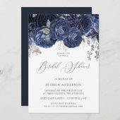 ネイビー&シルバーエンチャントフローラブライダルシャワー 招待状 (正面/裏面)