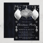 ネイビー&シルバーグリッターバウブルクリスマスパーティー 招待状 (正面/裏面)