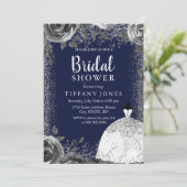 ネイビー&シルバーグリッターフローラブライダルシャワー招待状 招待状 (スタンド正面)