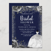 ネイビー&シルバーグリッターフローラブライダルシャワー招待状 招待状 (正面/裏面)