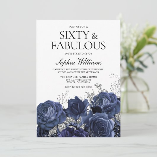 ネイビー&シルバーフラワーズ60誕生日ファブラス 招待状 (スタンド正面)