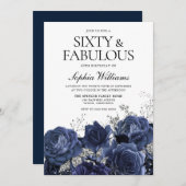 ネイビー&シルバーフラワーズ60誕生日ファブラス 招待状 (正面/裏面)