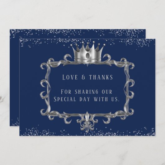 ネイビー シルバーフレーム ロイヤル クラウン ラブ＆サンクス 招待状 (正面/裏面)