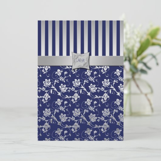 ネイビー・シルバーフローラつる植物モノグラムの招待状 招待状 (スタンド正面)