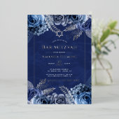 ネイビー&シルバーフローラバルミツワーフォイル招待状 箔招待状 (立ち正面)