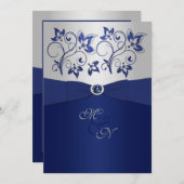 ネイビー&シルバーフローラモノグラム招待状 招待状 (正面/裏面)