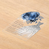 ネイビー&シルバーフローラ結婚ズドレスブライダルシャワー アクリル招待状 (レイダウン)