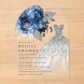 ネイビー&シルバーフローラ結婚ズドレスブライダルシャワー アクリル招待状 (正面)