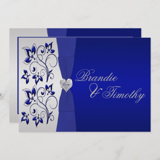 ネイビー&シルバーフローラ結婚式招待状 招待状 (正面/裏面)