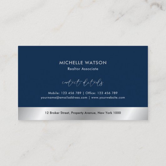 ネイビー&シルバーロモダンゴ実在の不動産公証人写真 名刺 (裏面)