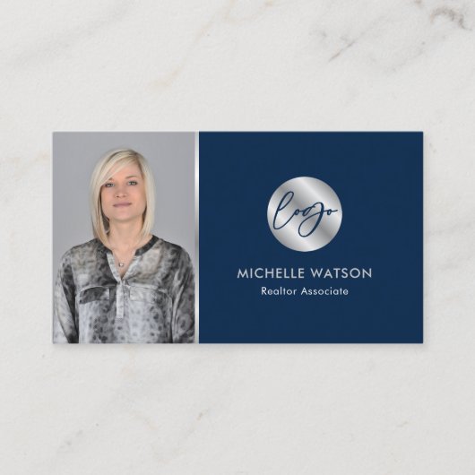 ネイビー&シルバーロモダンゴ実在の不動産公証人写真 名刺 (正面)