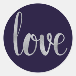 ネイビー&シルバー愛ステッカー、フォイルフォント ラウンドシール