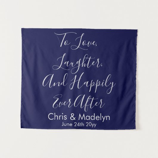 ネイビー&シルバー結婚ズの背景フォトブースプロップ タペストリー (正面(横))