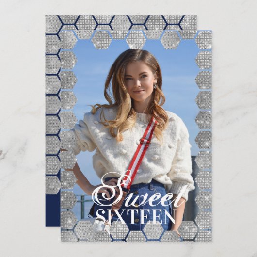 ネイビー シルバー グリッター ヘキサゴン ジオ フォト スイート16 招待状 (正面/裏面)
