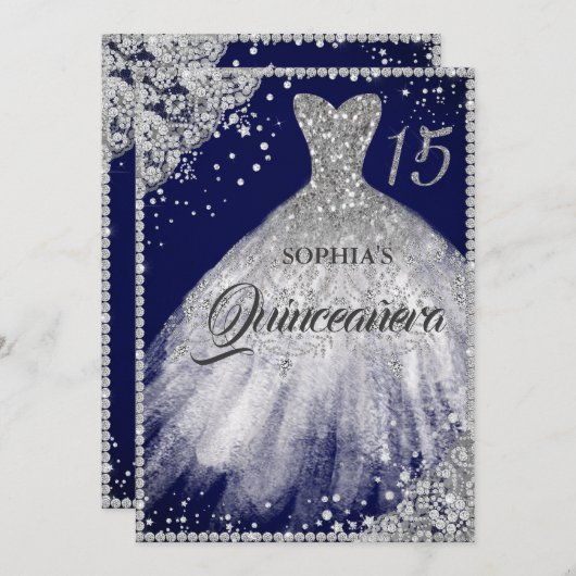 ネイビー シルバー ダイヤモンド ラッセル スパークル ドレス キンセアニエラ 招待状 (正面/裏面)