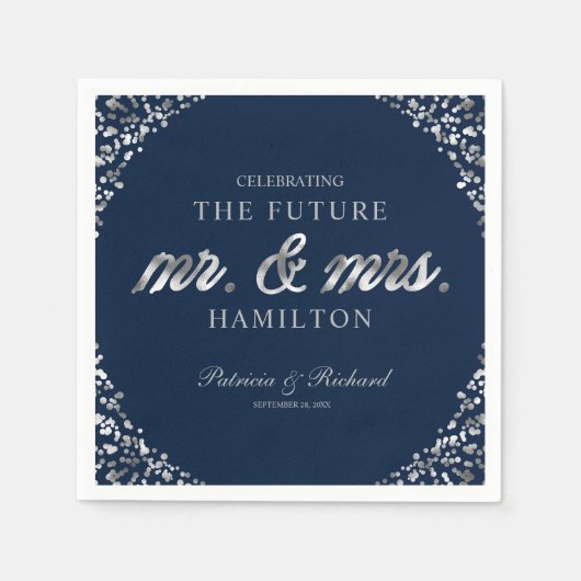 ネイビー シルバー フューチャー ミスター＆ミセス 婚約パーティー スタンダードカクテルナプキン (正面)