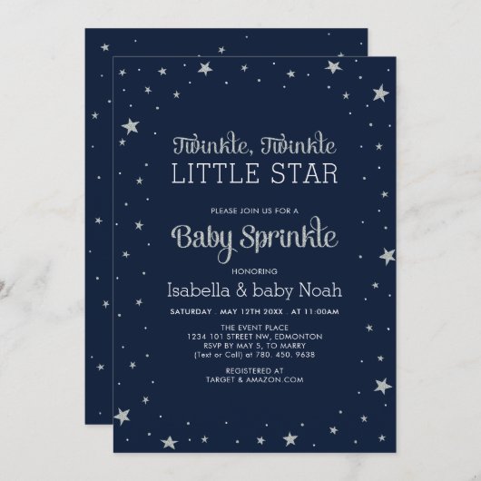 ネイビー&シルバー | Twinkle Little Star Baby Shower 招待状 (正面/裏面)