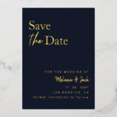 ネイビー シンプル カリグラフィー 写真付き Save The Date 箔招待状 (正面)