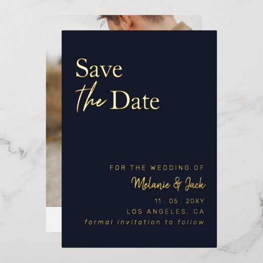ネイビー シンプル カリグラフィー 写真付き Save The Date 箔招待状 (正面/裏面)