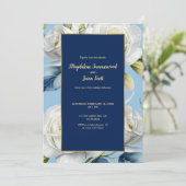 ネイビー&スカイブルーホワイトローズエレガントフローラ結婚 招待状 (スタンド正面)