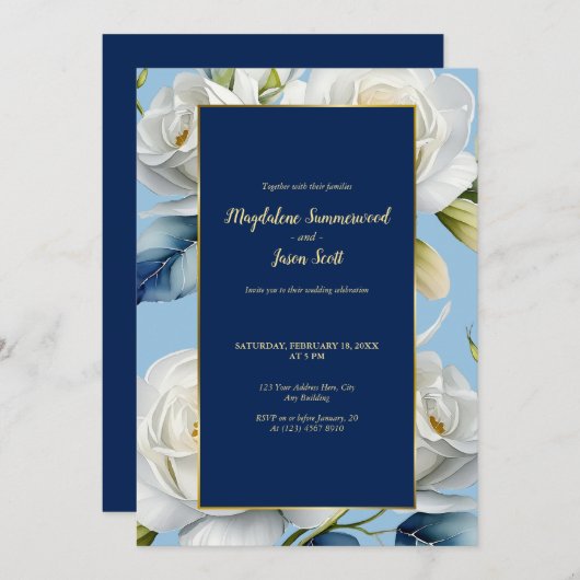 ネイビー&スカイブルーホワイトローズエレガントフローラ結婚 招待状 (正面/裏面)