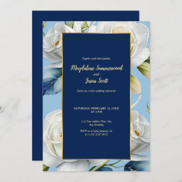 ネイビー&スカイブルーホワイトローズエレガントフローラ結婚 招待状