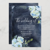 ネイビー&スカイブルー水彩花結婚色 招待状 (正面/裏面)