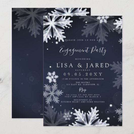 ネイビー スノーフレーク ウィンターエンゲージメントパーティー 招待状 (正面/裏面)