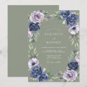 ネイビー セージ グリーン 暗色系の植物の結婚式 招待状 (正面/裏面)