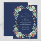 ネイビー・セージ・フラワーズ ウェディング 招待状 (正面/裏面)