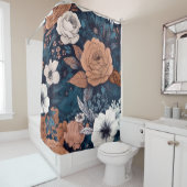 ネイビー&タウペボホフローラプリント シャワーカーテン (インサイチュ)