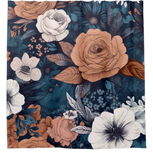 ネイビー&タウペボホフローラプリント シャワーカーテン (正面)