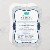 ネイビー,ターコイズ,グレーダマスクブライダルシャワー 招待状 (正面/裏面)