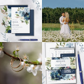 ネイビー&ダスティブルーエレガントフローラウォーターカラープログラム ハンドファン