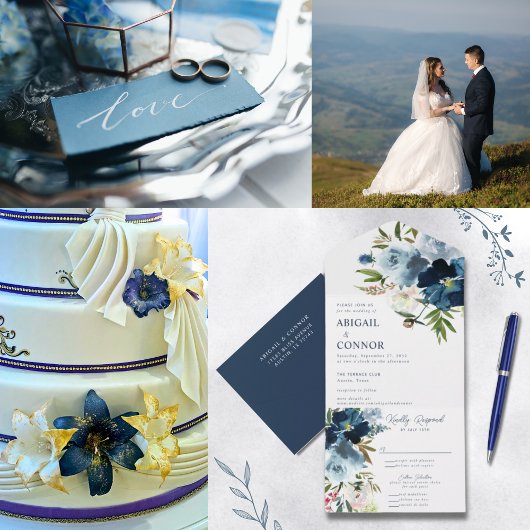 ネイビー&ダスティブルーエレガントフローラ水色 オールインワン招待状