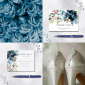 ネイビー&ダスティブルーエレガントフローラ水色 サンキューカード