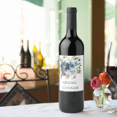 ネイビー&ダスティブルーエレガントフローラ水色 ワインラベル