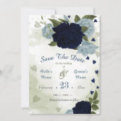 ネイビー&ダスティブルーフラワーグリーン葉ボタン セーブザデート (正面)