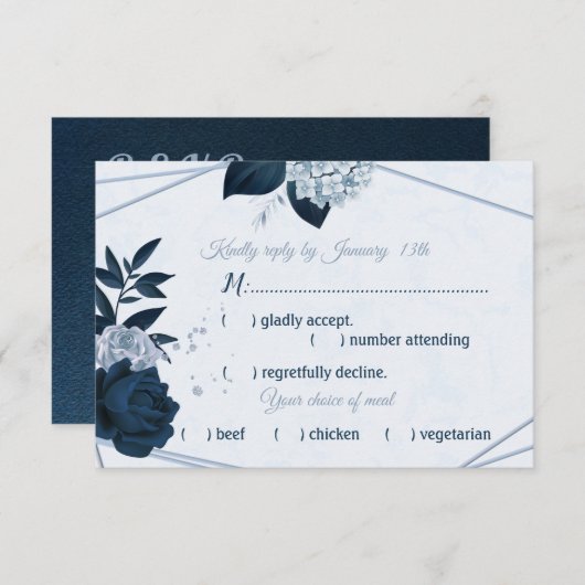 ネイビー&ダスティブルーフラワージオメトリックミール選択 出欠カード (正面/裏面)