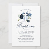 ネイビー&ダスティブルーフローラバプテスマ 招待状 (正面)