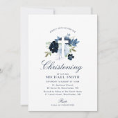 ネイビー&ダスティブルーフローラ《キリスト教》洗礼式や命名式 招待状 (正面)