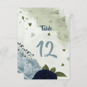 ネイビー&ダスティブルー花グリーンテーブル番号 招待状 (正面/裏面)