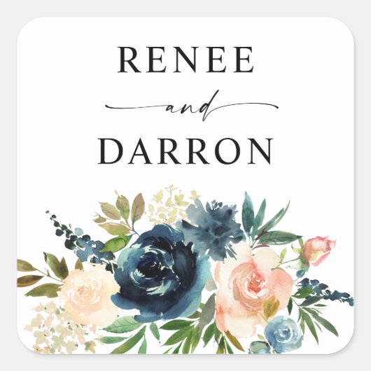 ネイビー&ダスティブルー赤面ピンクフローラ スクエアシール (正面)