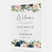 ネイビー・ダスティブルー&ピンクフローラ結婚ズ・ウェルカム アクリルサイン (傾斜)